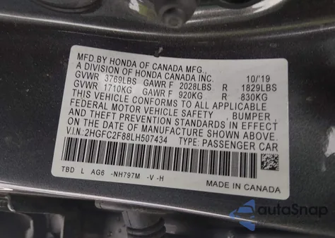 2020 Honda Civic Sport z USA, uszkodzony, nr VIN 2HGFC2F88LH507434